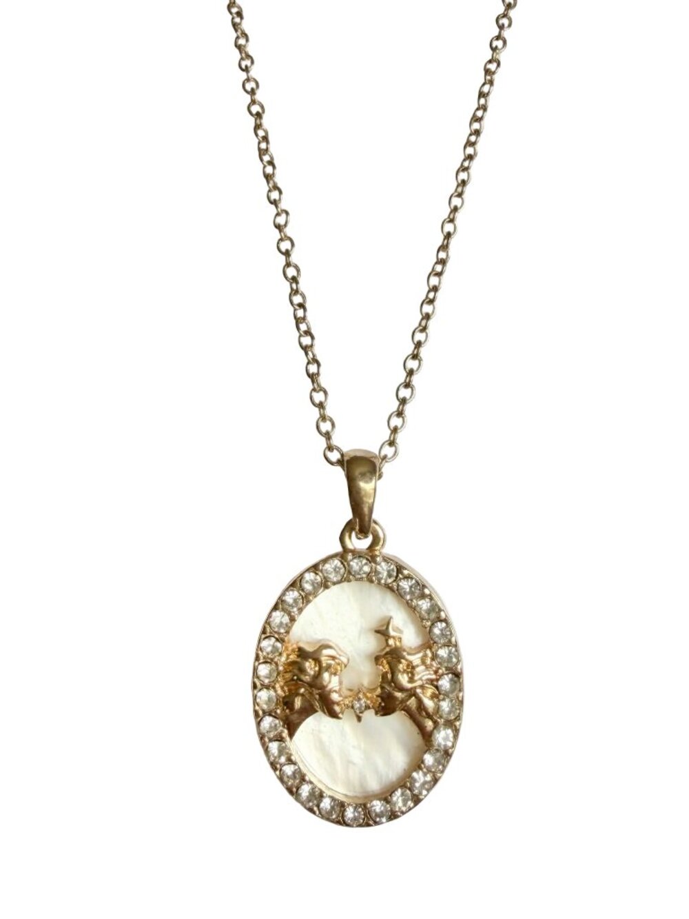 Vintage SAQ Gemini Zodiac Necklace Mother of Pearl Rhinestone Oval Pendant